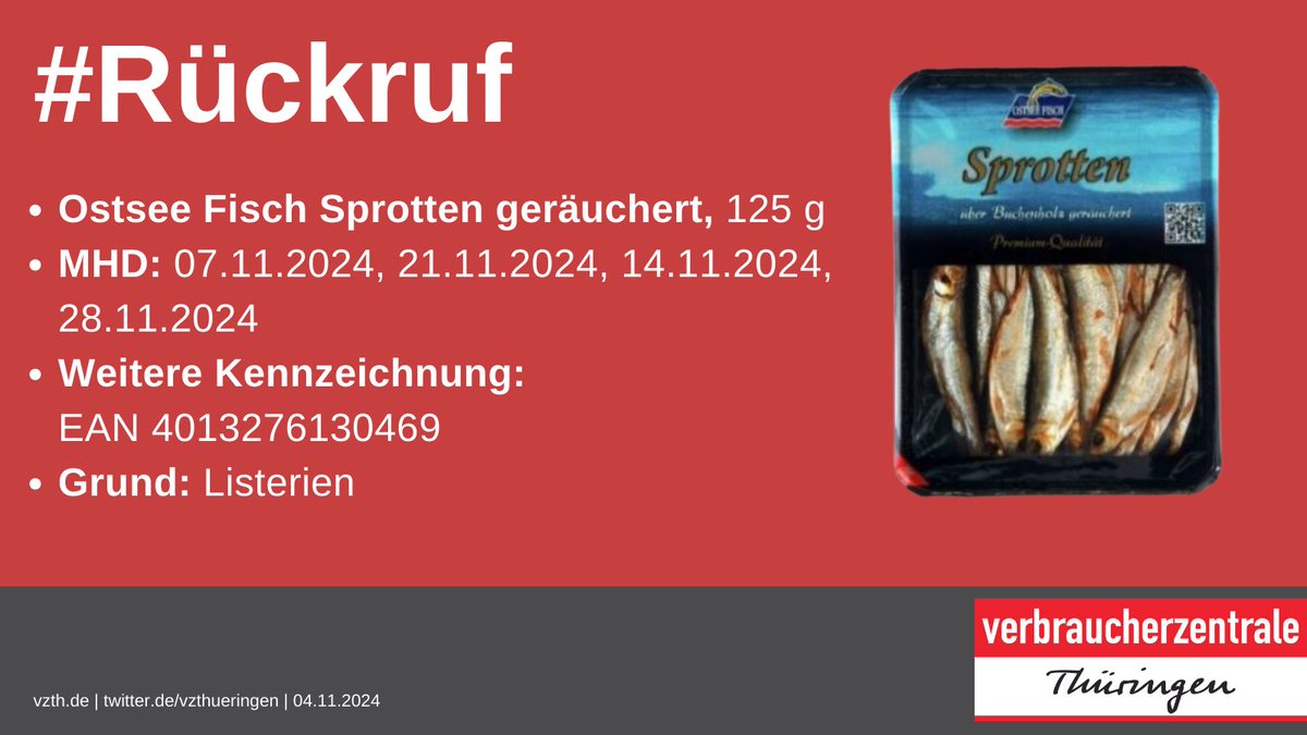 ‼️#Rückruf: Ostsee Fisch Sprotten geräuchert, MHD: 7.11.24, 21.11.24, 14.11.24, 28.11.24, weitere Kennzeichnung: EAN 4013276130469, Grund: Listerien, alle Infos 👉lebensmittelwarnung.de/___lebensmitte…