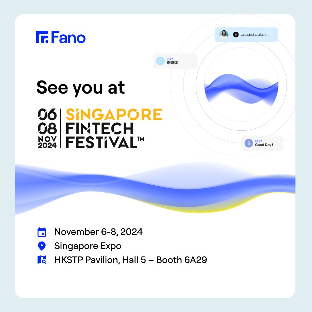 Fano is heading to the <a href="/sgfintechfest/">Singapore FinTech Festival</a> 2024🇸🇬 This year we'll be exhibiting at <a href="/HKSciencePark/">Tech Incubation & Acceleration in HK Science Park</a> pavilion at the Singapore Expo ➡️ Hall 5 – Booth 6A29! Come discover how our #languageAI tech can transform your voice data to actionable insights! #FanoAI