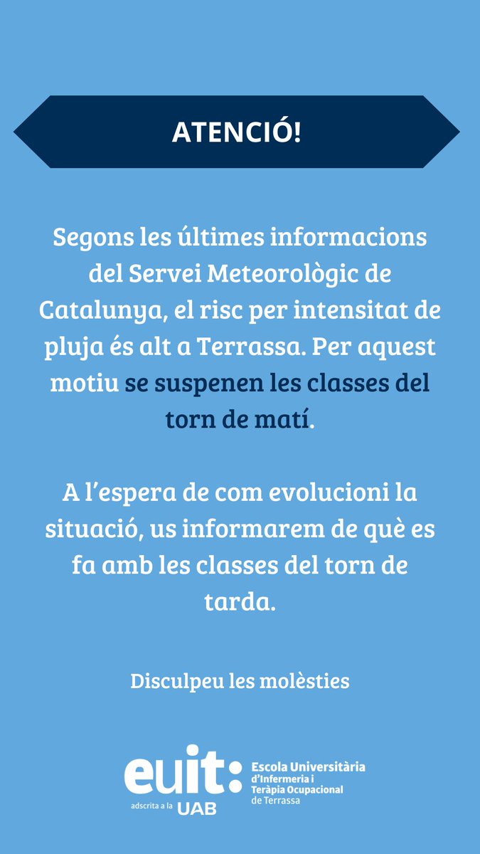 ⚠️ATENCIÓ⚠️
Segons les últimes informacions del <a href="/meteocat/">Meteocat</a>, el risc per intensitat de pluja és alt a Terrassa. Per aquest motiu se suspenen les classes del torn de matí.

A l’espera de com evolucioni la situació, us informarem de què es fa amb les classes del torn de tarda.