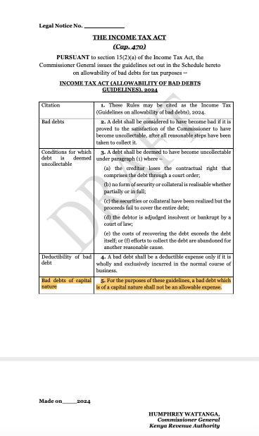 AmbokoJH's tweet photo. KRA Commissioner General, Humphrey Wattanga, has published the Draft Income Tax (Allowability of Bad Debt) Guidelines 2024.

I think there's one change when compared to Legal Notice 37/2011.   

There appears to be a new https://t.co/0AY78sUntV.5 providing that... 

"For the purposes of these guidelines, a bad debt which is of a capital nature shall not be an allowable expense"

Financial services providers, are you safe?