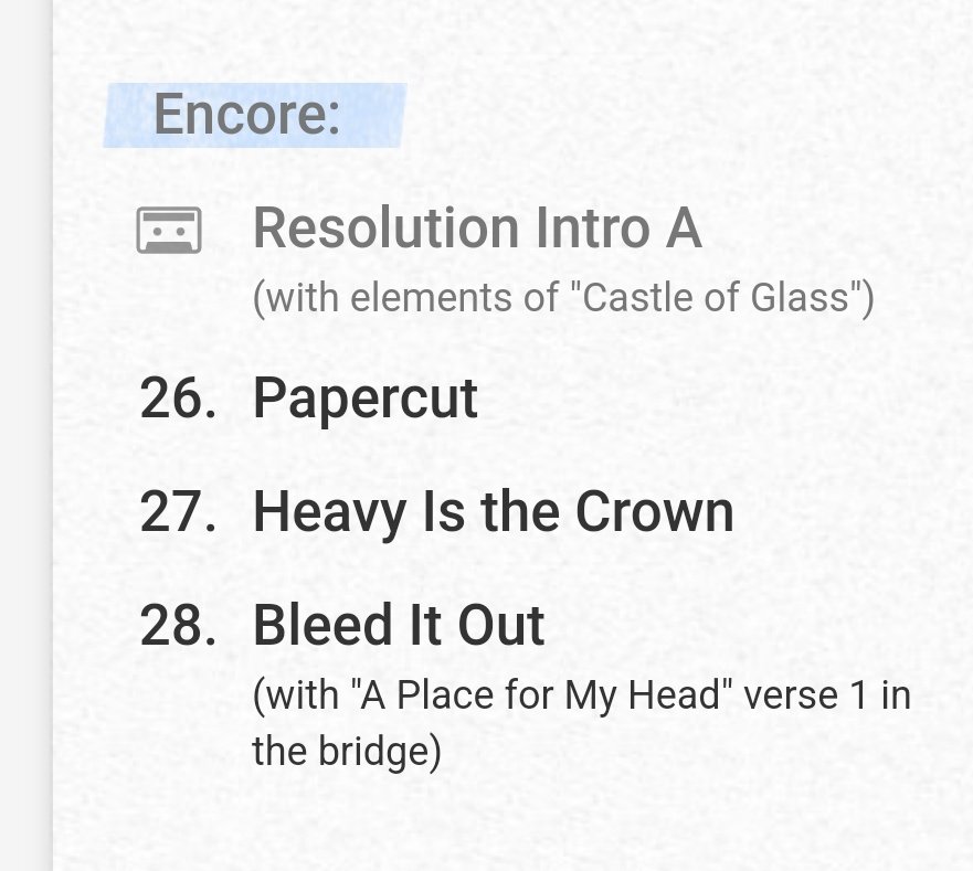 LinkinParkESFan's tweet image. ¡Setlist del concierto de Linkin Park en París!
A destacar, el debut de Over Each Other, con Emily a la guitarra, Lost in the Echo como canción que rota y Bleed It Out con estrofa de A Place For My Head en el puente.
#FromZeroTourSpoilers