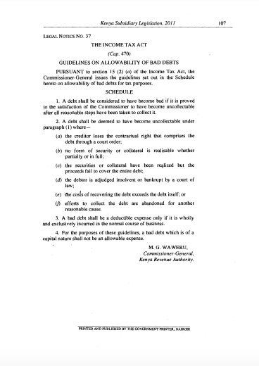 AmbokoJH's tweet photo. KRA Commissioner General, Humphrey Wattanga, has published the Draft Income Tax (Allowability of Bad Debt) Guidelines 2024.

I think there's one change when compared to Legal Notice 37/2011.   

There appears to be a new https://t.co/0AY78sUntV.5 providing that... 

"For the purposes of these guidelines, a bad debt which is of a capital nature shall not be an allowable expense"

Financial services providers, are you safe?