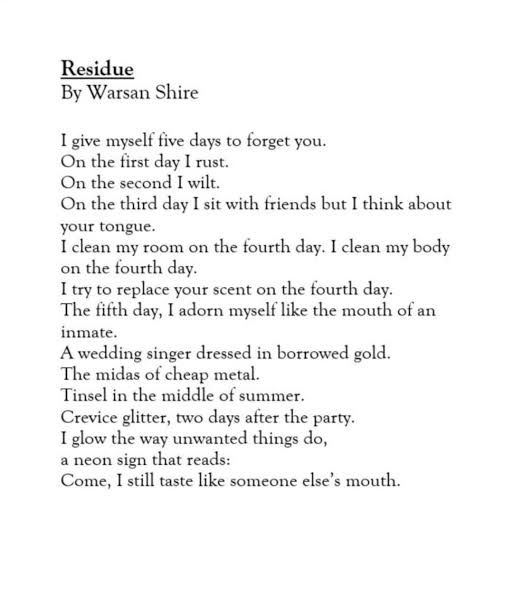 YaAfricaa's tweet photo. Warsan Shire deserves a statue.

Residue by Warsan Shire https://t.co/9yjS5pgv8T