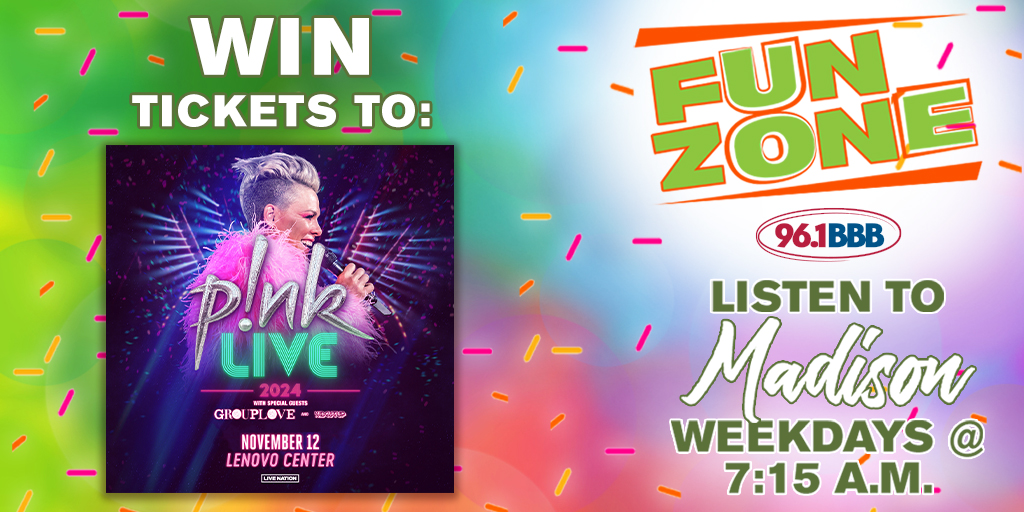 P!NK Live 2024 heads to Lenovo Center on Tuesday, November 12th along with GROUPLOVE and KIDCUTUP! Listen every day this week during Fun Zone with Madison at 7:15 a.m. for your chance to win a pair of tickets to the show!
