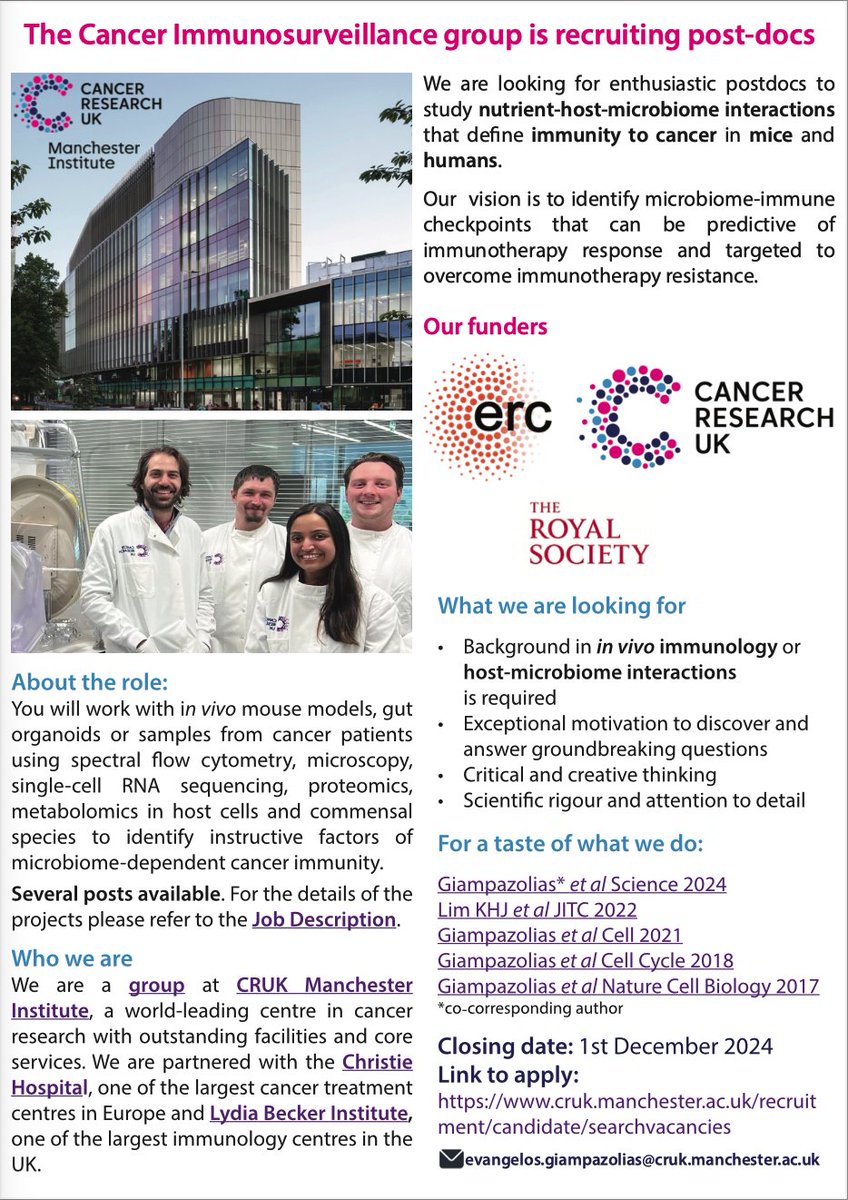 Evangelos Giampazolias (@giampazolias) on Twitter photo 💥Exciting <a href="/ERC_Research/">European Research Council (ERC)</a> funded postdoc opportunities in my lab at <a href="/CRUK_MI/">CRUK Manchester Institute</a> to study nutrient-host-microbiome interactions in cancer immunity in mice and humans. #CancerImmunology #MucosalImmunology #Microbiome
⏰Deadline: 1 December 2024
Apply 👇
cruk.manchester.ac.uk/recruitment/ca…
⏩RT 💥Exciting <a href="/ERC_Research/">European Research Council (ERC)</a> funded postdoc opportunities in my lab at <a href="/CRUK_MI/">CRUK Manchester Institute</a> to study nutrient-host-microbiome interactions in cancer immunity in mice and humans. #CancerImmunology #MucosalImmunology #Microbiome
⏰Deadline: 1 December 2024
Apply 👇
cruk.manchester.ac.uk/recruitment/ca…
⏩RT