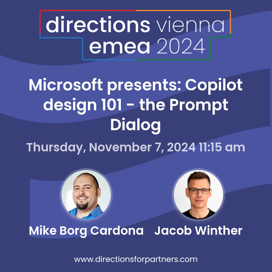 nibmike's tweet image. New to gen AI in #MSDyn365BC? Eager to build your own?
Jacob Winther and I walk you through the basic principles of prompt dialogs at #DirectionsEMEA2024
👉 Understand what makes this page type unique
👉 Learn when to apply each UI element
👉 Learn what are this and that called