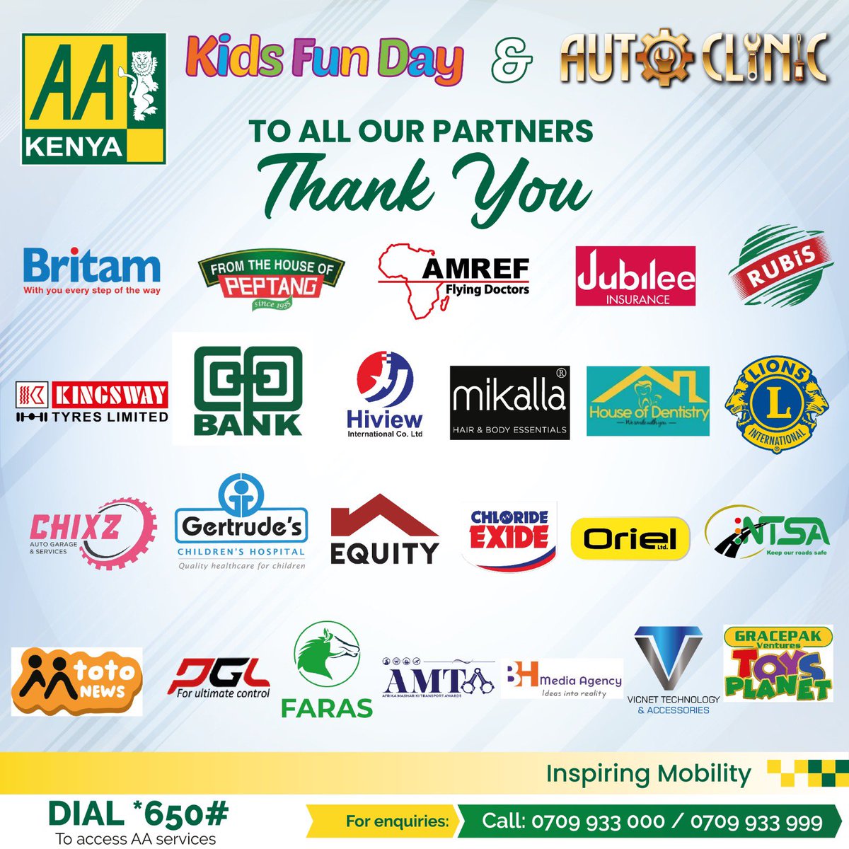 AAKenya's tweet photo. Appreciation Post: Big thanks to all our amazing partners for making AA AutoClinic and Kids Fun Day a huge success! Your support and teamwork were truly exceptional. We couldn’t have done it without you. Thank you.
#AAniYetu #AutoClinic #KidsFunDay https://t.co/Q1MDOoxnQP