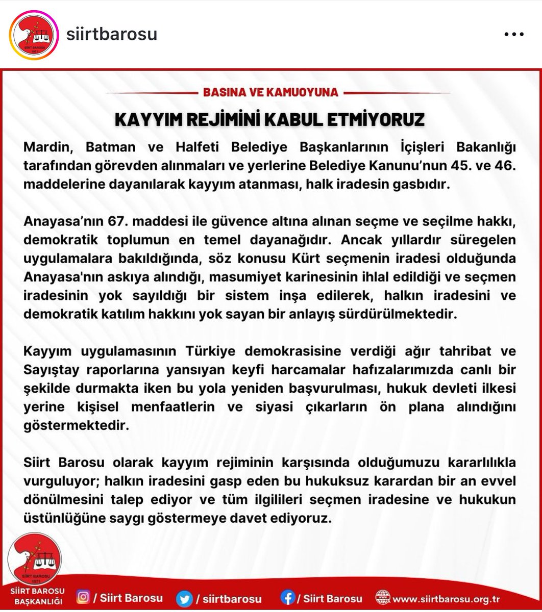 Kürdün seçme, seçilme , yaşama  hakkı yoktur değin, bizi de rahat bırakın artık . Şunu da bilin biz size, sizden gelen hiç bir zulme boyun eğmeyeceğiz .
 #kayyımdarbedir