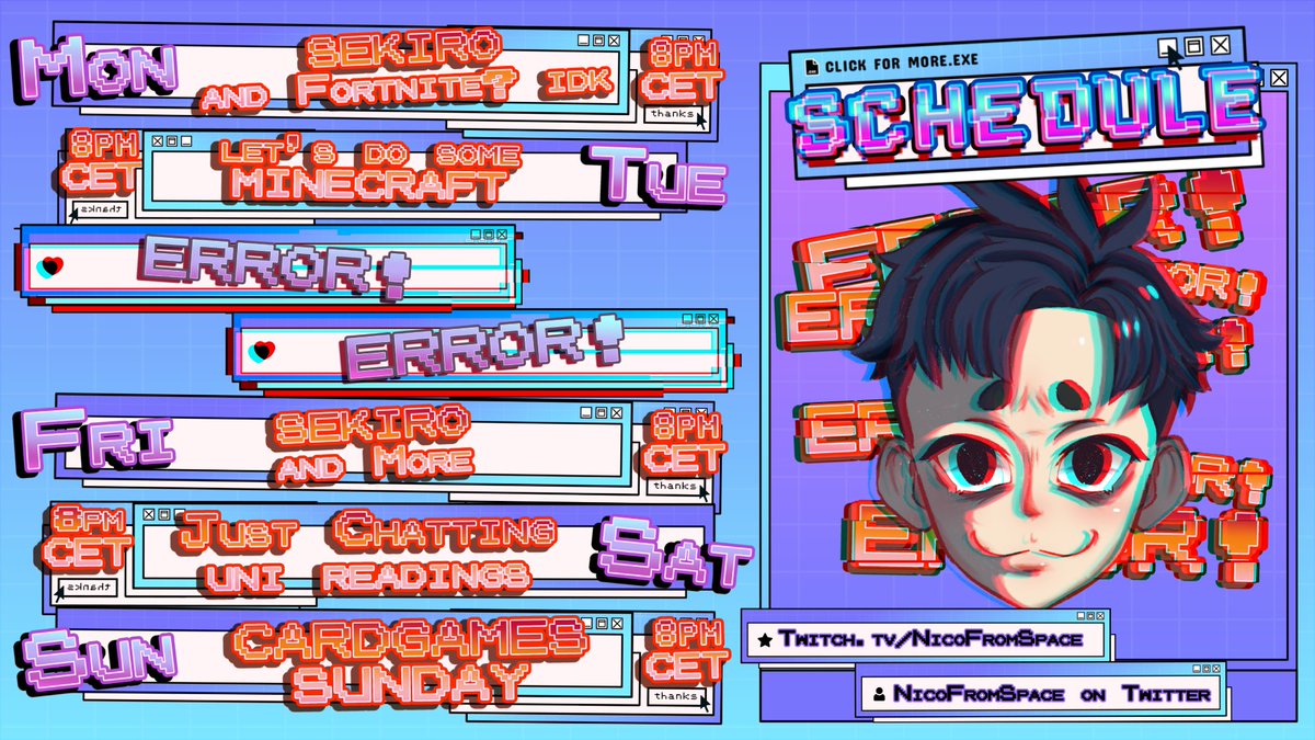 NicoFromSpace's tweet photo. 【Schedule for the week of NOV04 to NOV10】
Finals are fast approaching... so let's not think about that and play videogames instead heheheh
Art: #NiCasso
Memes: #NiComedy https://t.co/0hOglBaZRC