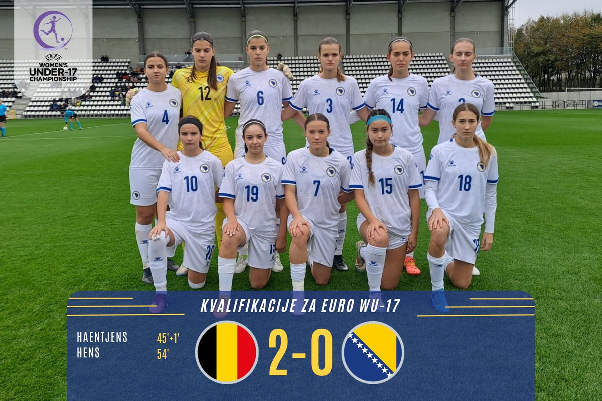 Ženska U-17 reprezentacija BiH poražena je juče u Tubizeu od Belgije sa 0:2 u susretu 1. kola grupe A2 prvog kruga kvalifikacija za EURO 2025.

Drugo kolo na programu je 6. novembra kad će se Bosna i Hercegovina u 12:00 sati sastati sa Njemačkom.

nfsbih.ba/vijesti/nogome…