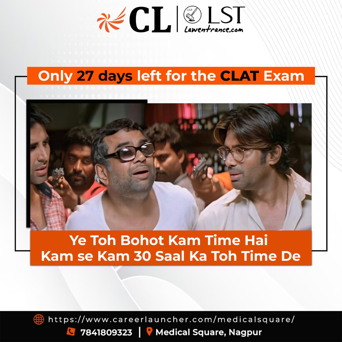 CLMDofficial's tweet photo. Only 27 days left for the CLAT exam! Feeling the pressure? We get it! Wish we had 30 years to prepare, right? Stay focused, stay determined. #CLATCountdown #27DaysToGo #CLAT2025 #StayFocused #SuccessIsNear #LawAspirants #CLATPrep #careerlaunchermedicalsquare https://t.co/jObGGL0Ea8