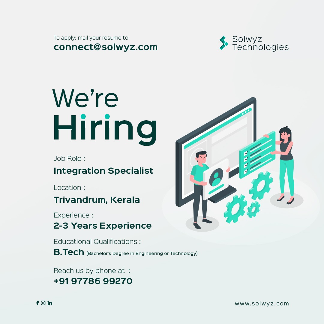 SolwyzT's tweet photo. Job Title: Integration Specialist
Location: Thiruvananthapuram (TVM)
Experience: 2 to 3 years
Education: B Tech (Bachelor's Degree in Engineering or Technology)

#DataFlowManagement #SystemIntegration #APIDevelopment #ITJobs #EngineeringCareers #TechJobs #BTechJobs https://t.co/iLG0UKGEaH