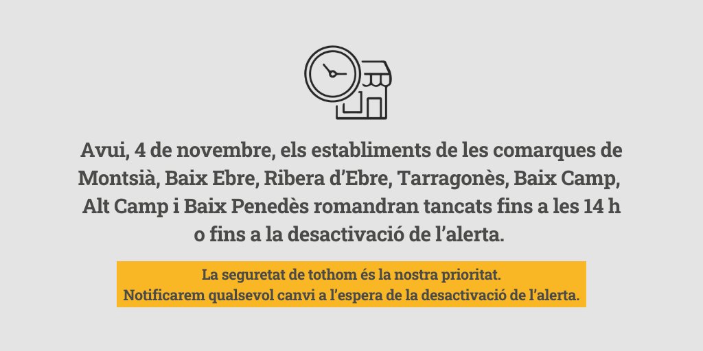 bonpreuesclat's tweet photo. ❗Avui, 4 de novembre, els establiments de les comarques de Montsià, Baix Ebre, Ribera d’Ebre, Tarragonès, Baix Camp, Alt Camp i Baix Penedès romandran tancats fins a les 14 h o fins a la desactivació de l’alerta.

#BonpreuEsclat https://t.co/UVmWS9n1hR