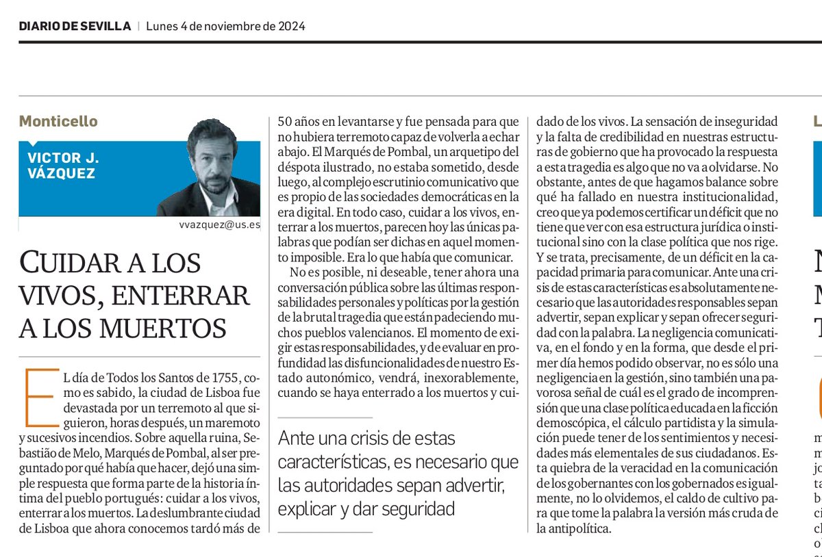 "Cuidar a los vivos, enterrar a los muertos". Esto fue lo que ordenó el Marqués de Pombal tras el terremoto de Lisboa.
A partir de ahi se ha escrito. diariodesevilla.es/opinion/articu…