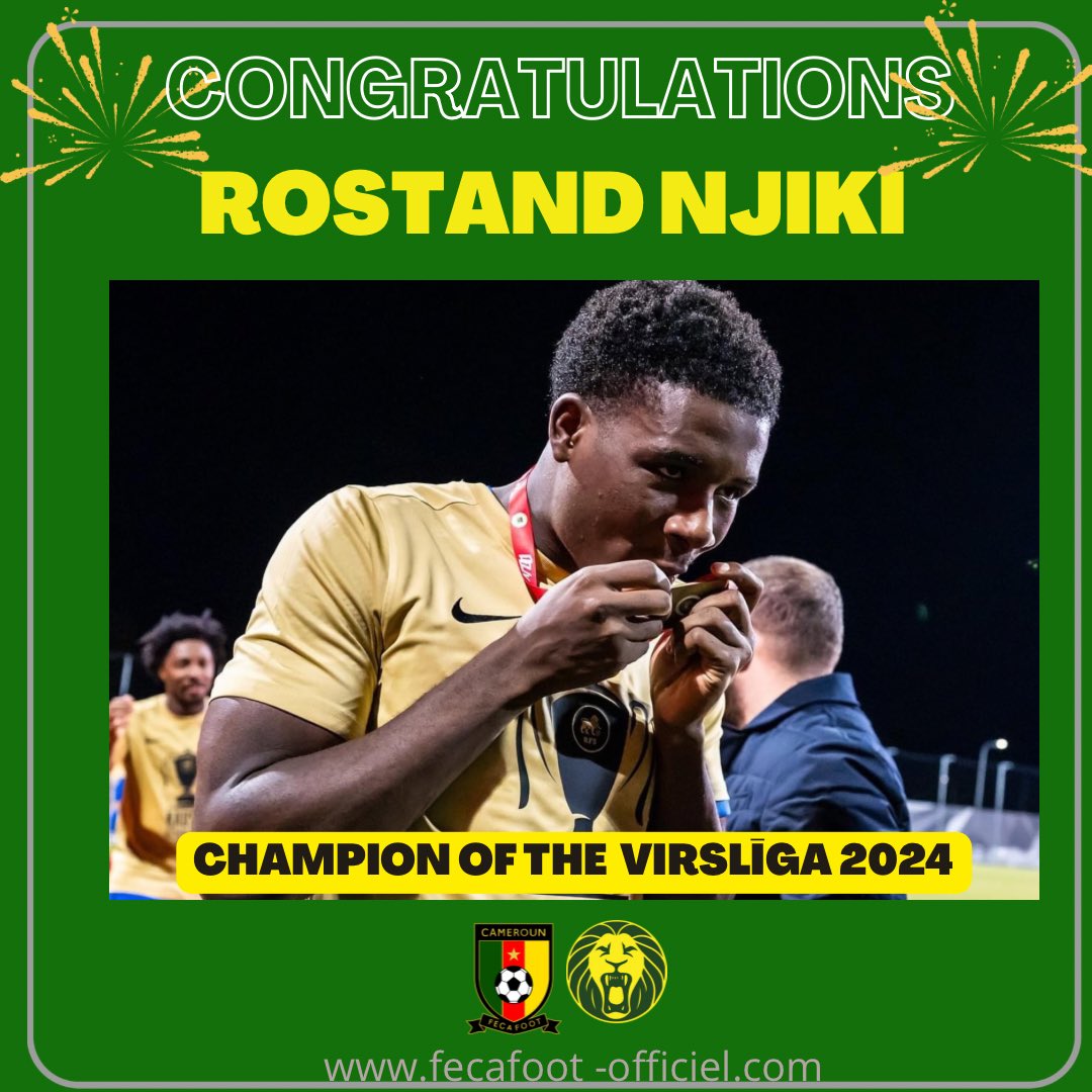 FecafootOfficie's tweet photo. The Cameroonian Football Federation sends its congratulations to Cameroonian international foward Rostand Njiki and goalkeper @Ondoa1_Officiel, champions of the Virslīga 2024.
#INDOMITABLES https://t.co/NB2meLBCnd