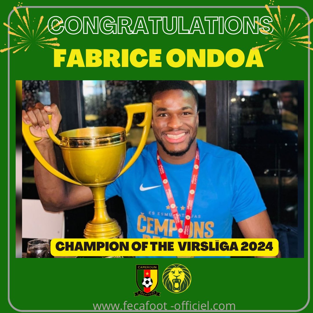 FecafootOfficie's tweet photo. The Cameroonian Football Federation sends its congratulations to Cameroonian international foward Rostand Njiki and goalkeper @Ondoa1_Officiel, champions of the Virslīga 2024.
#INDOMITABLES https://t.co/NB2meLBCnd
