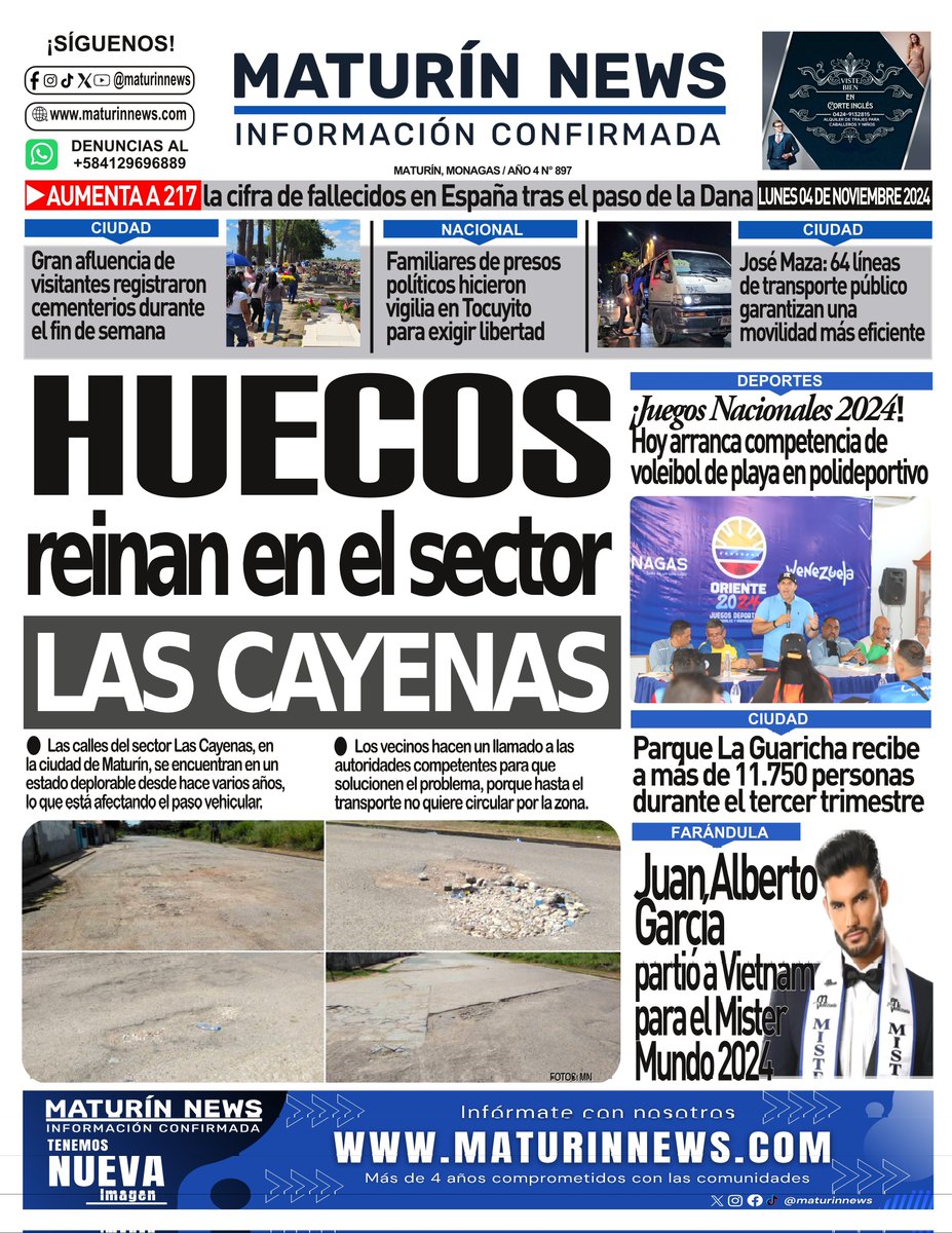 maturinnews's tweet photo. ¡Buenos días! ☀️ Presentamos nuestra portada LUNES 04-11-2024. 
.
.
#Maturin #Monagas  #04Nov https://t.co/bsHh5iSikh