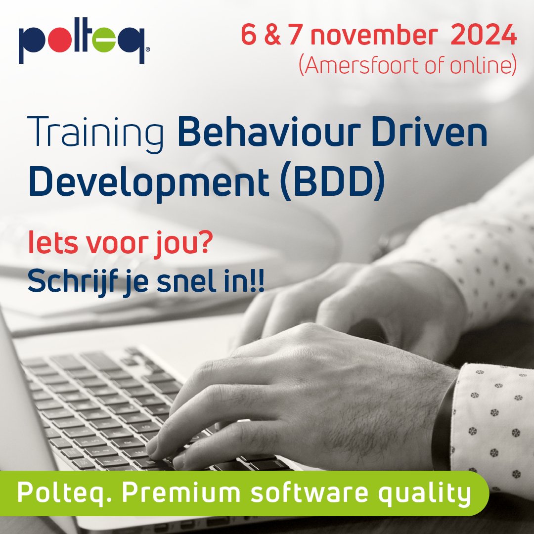 𝗣𝗿𝗮𝗸𝘁𝗶𝘀𝗰𝗵 𝗕𝗗𝗗: 𝗯𝘂𝘀𝗶𝗻𝗲𝘀𝘀 𝗮𝗻𝗮𝗹𝘆𝘀𝗲, 𝗱𝗲𝘃𝗲𝗹𝗼𝗽𝗺𝗲𝗻𝘁 𝗲𝗻 𝘁𝗲𝘀𝘁𝗮𝘂𝘁𝗼𝗺𝗮𝘁𝗶𝘀𝗲𝗿𝗶𝗻𝗴

We gaan bijna starten! Lees meer over deze opleiding en schrijf je nog snel in: loom.ly/qi32WRs

#Polteq #Premium #Software #Quality