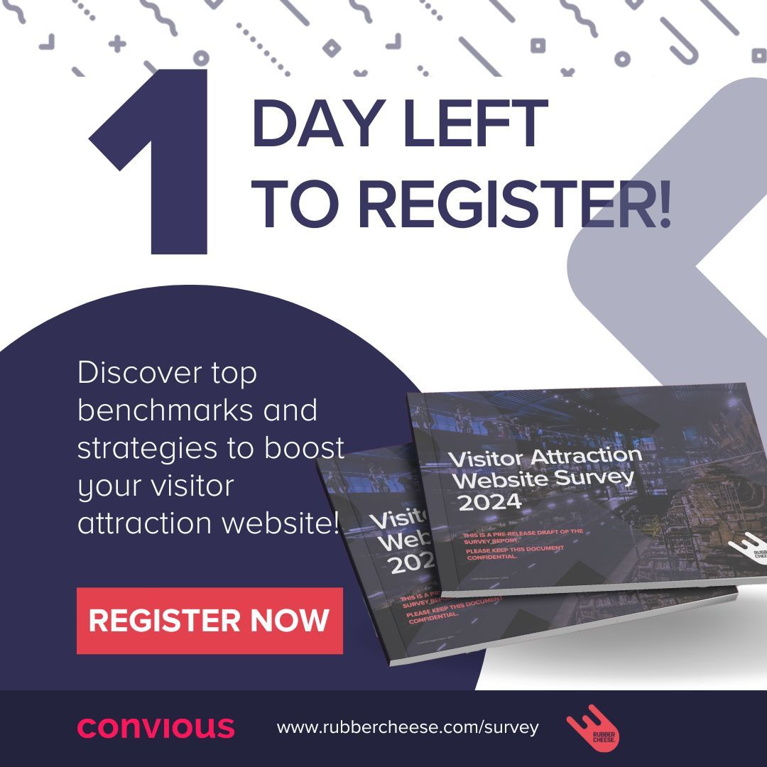 ⏰ Only 1 Day Left to Register! ⏰
Don’t miss the 2024 @RubberCheese Visitor Attraction Website Report Launch tomorrow, Tuesday, 5th November at 11:00 AM!

Get the exclusive insights! 
Register here 👉 buff.ly/40fPxq6

Sponsored by: @Convious 
#AttractionWebsiteReport