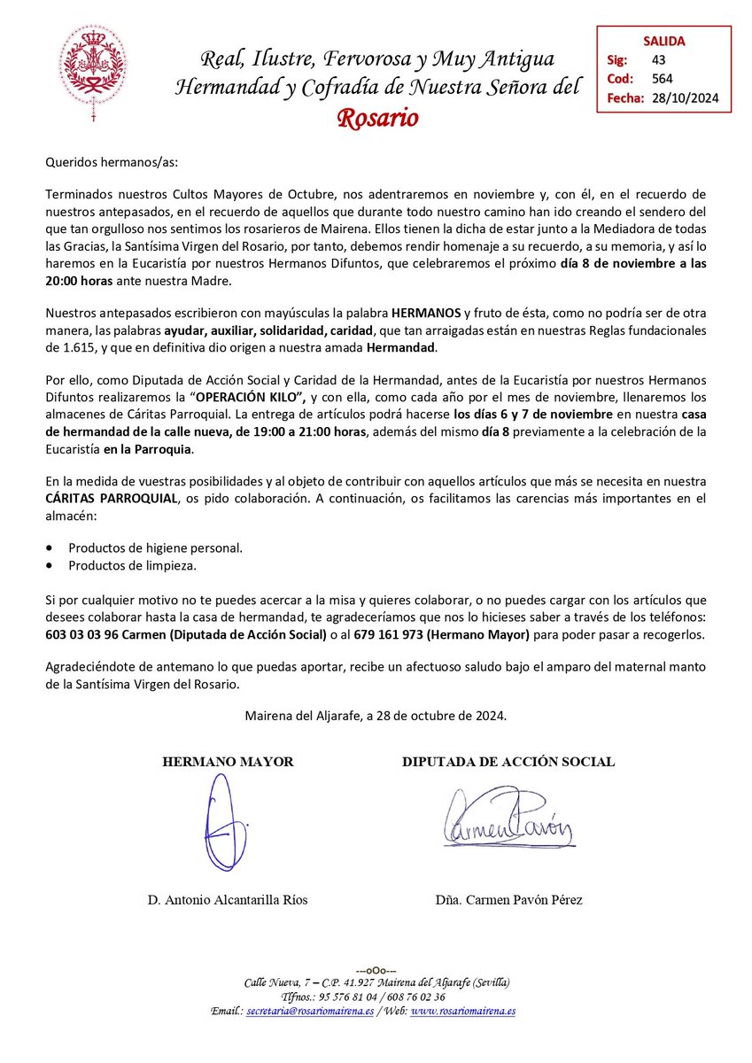 𝗗𝗜𝗣𝗨𝗧𝗔𝗖𝗜𝗢́𝗡 𝗗𝗘 𝗖𝗨𝗟𝗧𝗢𝗦 𝗬 𝗗𝗜𝗣𝗨𝗧𝗔𝗖𝗜𝗢́𝗡 𝗗𝗘 𝗔𝗖𝗖𝗜𝗢́𝗡 𝗦𝗢𝗖𝗜𝗔𝗟

𝟴 𝗱𝗲 𝗻𝗼𝘃𝗶𝗲𝗺𝗯𝗿𝗲 celebraremos la 𝗺𝗶𝘀𝗮 𝗱𝗲 𝗱𝗶𝗳𝘂𝗻𝘁𝗼𝘀 𝗱𝗲 𝗻𝘂𝗲𝘀𝘁𝗿𝗮 𝗛𝗲𝗿𝗺𝗮𝗻𝗱𝗮𝗱 y la "𝗢𝗣𝗘𝗥𝗔𝗖𝗜𝗢́𝗡 𝗞𝗜𝗟𝗢".

ℹ️ Toda la información 👇