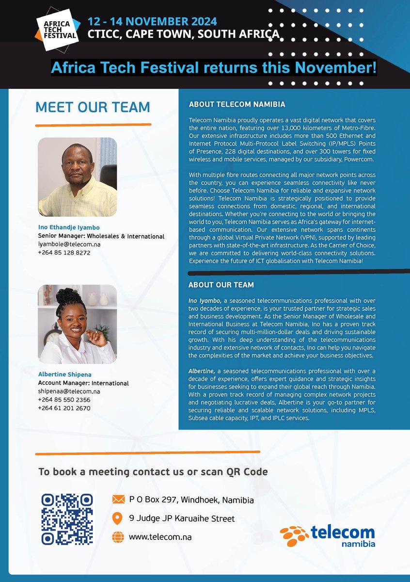 TelecomNamibia's tweet image. Africa Tech Festival is just around the corner! Join us at #AfricaTechFestival for a week of networking and innovation! Our team, led by Ino lyambo and Albertine Shipena, is ready to discuss your connectivity needs. Book your meeting today. #TelecomNamibia