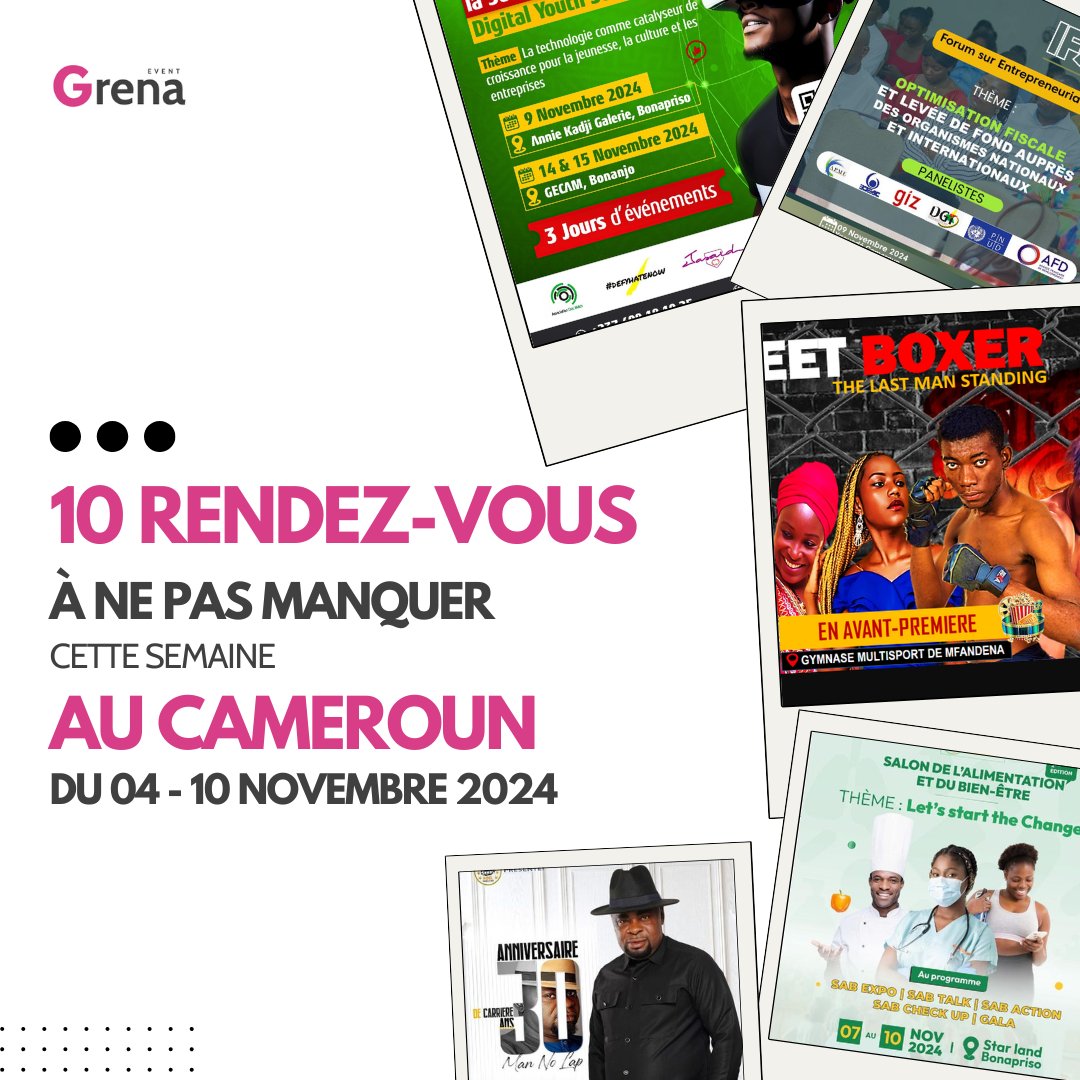 GrenaEvent's tweet photo. 10 rendez-vous à ne pas manquer cette semaine au Cameroun !

https://t.co/XFLrekqZ8M https://t.co/zb6uyKdBM9