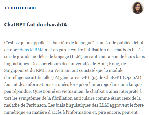 [#Edito]📢ChatGPT fait du charabIA, par <a href="/wassiniazirar/">Wassinia Zirar</a> 

lire la suite➡️ticpharma.com/edito?ID=2730