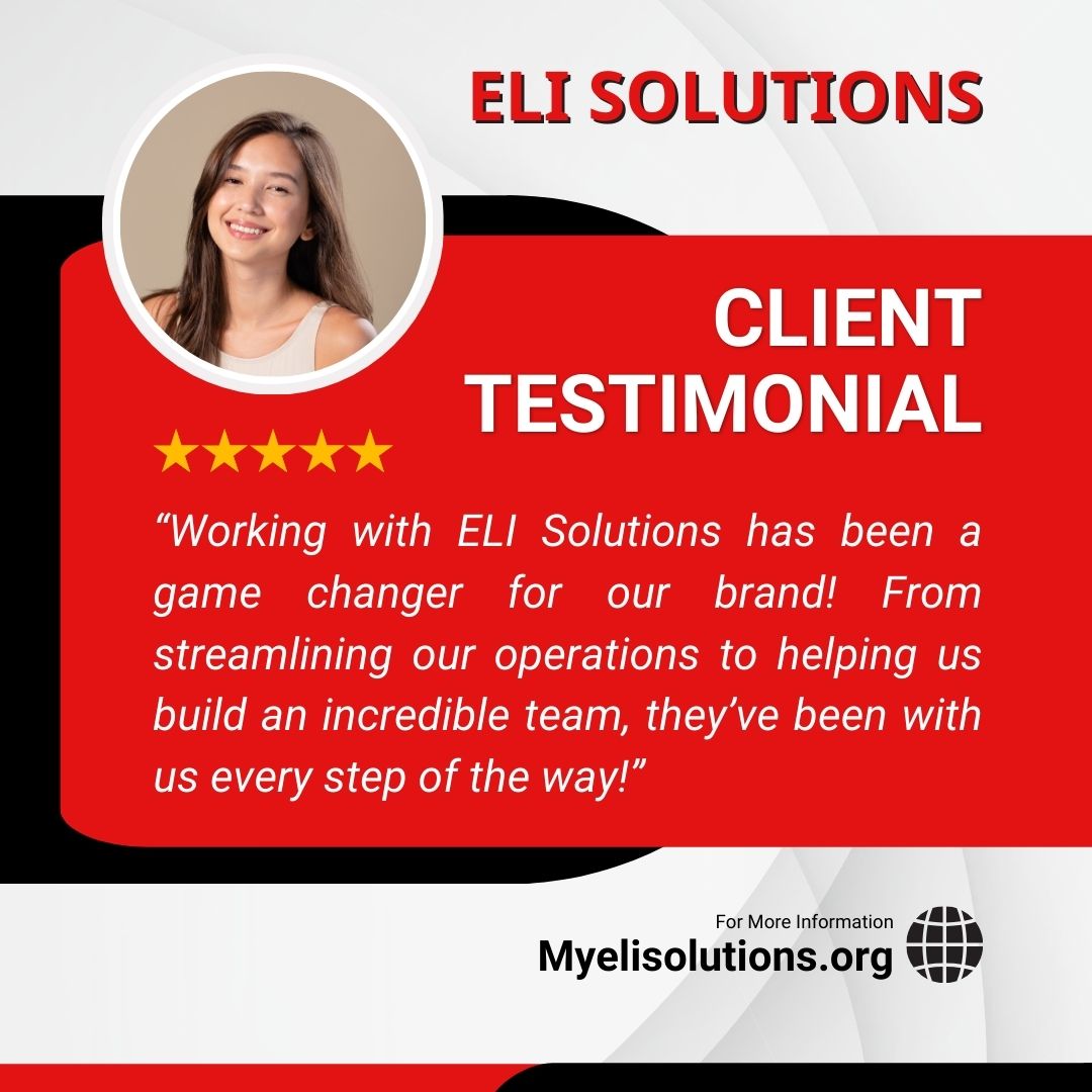 💬 “Working with ELI Solutions has been a game changer for our brand! From streamlining our operations to helping us build an incredible team, they’ve been with us every step of the way!”
🌟 We take pride in helping businesses thrive behind the scenes. Ready to get started? 🚀