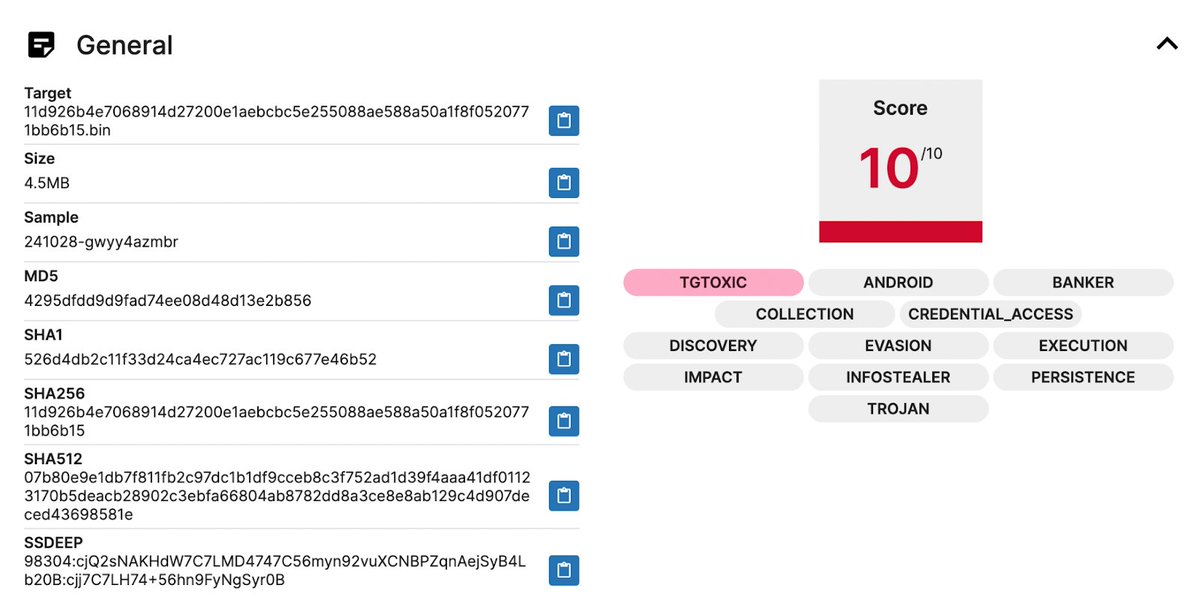 Hatching (@hatching_io) on Twitter photo #tgToxic Android banker first popped up in early 2023 targeting users in SE Asia. Now it's back, featuring more advanced techniques and capabilities.
Join <a href="/JunWei__Song/">JunWei Song</a> for a breakdown of the new samples in our latest blogpost: hatching.io/blog/triage-in… #tgToxic Android banker first popped up in early 2023 targeting users in SE Asia. Now it's back, featuring more advanced techniques and capabilities.
Join <a href="/JunWei__Song/">JunWei Song</a> for a breakdown of the new samples in our latest blogpost: hatching.io/blog/triage-in…