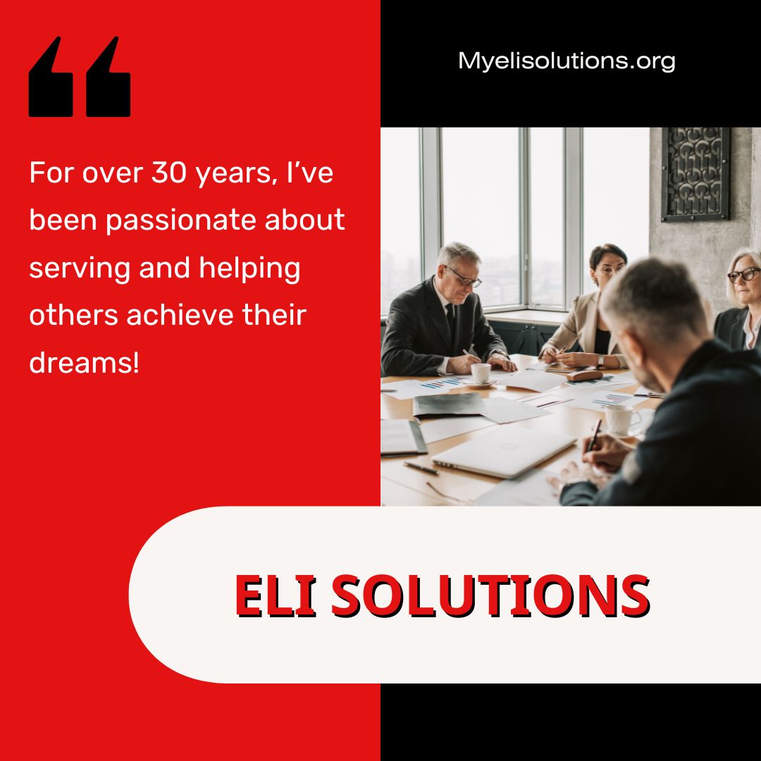 🌟 For over 30 years, I’ve been passionate about serving and helping others achieve their dreams. At ELI Solutions, I’m proud to offer services that help entrepreneurs grow, build their teams, and reach their full potential.

#PassionForService #ELISolutions #EntrepreneurSupport