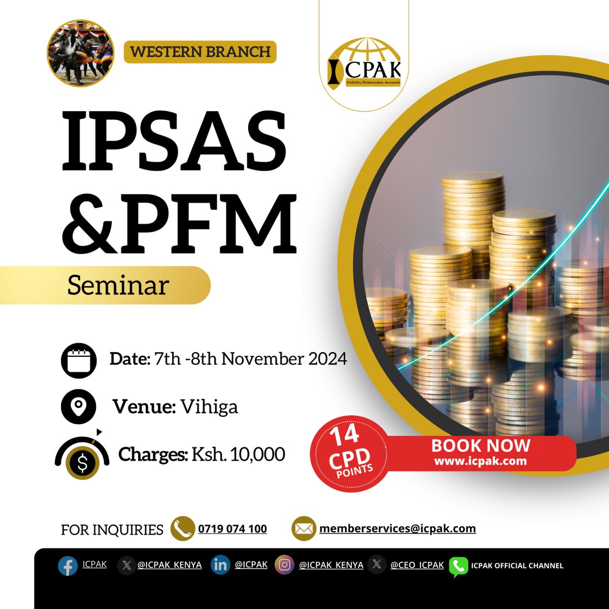 ICPAK_Kenya's tweet image. The IPSAS &amp;amp; PFM Seminar kicks off in 2 days! Get ready to gain practical knowledge and actionable strategies that will enhance your role in public finance management. Book today:
Western Branch: ow.ly/GQub50TZiut
North Rift Branch: ow.ly/Jrm350TZiuw ^CA