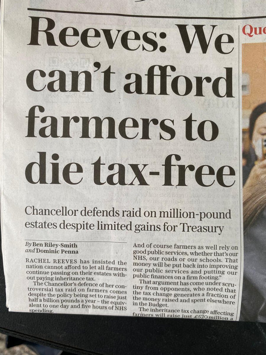 Richard Payne (@richardpayne94) on Twitter photo O…….M…….G!!
All machinery, stock in store and in the ground, all investment income, 30% of one’s house……..farmers do already pay considerable tax on death……..
I’m beginning to wonder where <a href="/RachelReevesMP/">Rachel Reeves</a> is getting her figures from? O…….M…….G!!
All machinery, stock in store and in the ground, all investment income, 30% of one’s house……..farmers do already pay considerable tax on death……..
I’m beginning to wonder where <a href="/RachelReevesMP/">Rachel Reeves</a> is getting her figures from?