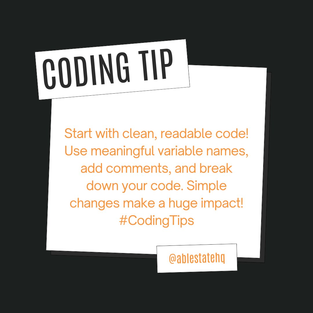 ablestateafrica's tweet image. 💻 Coding Tip: Start with clean, readable code! Use meaningful variable names, add comments, and break down your code. Simple changes make a huge impact!
#codingtips #codingforbeginners #learncoding