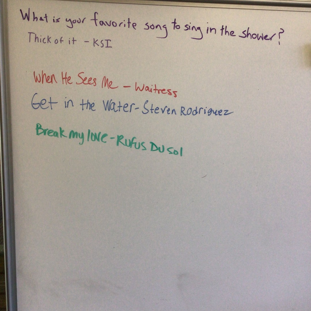 ParsonsMusLib's tweet image. Take a look at responses to last week&apos;s #whiteboard question: &quot;What is your favorite song to sing in the shower?&quot;  Don&apos;t forget to stop by the Music Library this week to answer our next question! #music #musiclibrary #showersongs #singing #showersinging