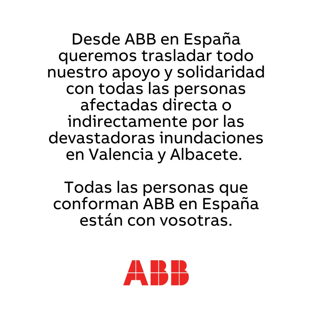 ABB en España (@abb_spain) on Twitter photo Desde ABB en España queremos trasladar todo nuestro apoyo y solidaridad con las personas afectadas directa o indirectamente por las devastadoras inundaciones en Valencia y Albacete. Desde ABB en España queremos trasladar todo nuestro apoyo y solidaridad con las personas afectadas directa o indirectamente por las devastadoras inundaciones en Valencia y Albacete.