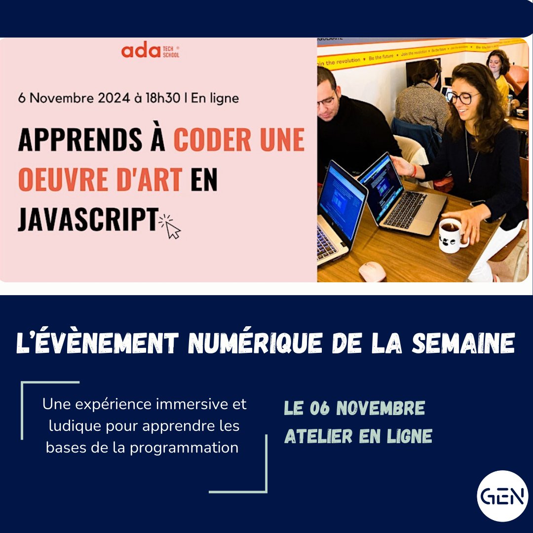 🎨Participez à l’atelier en ligne "Apprends à coder une œuvre d’art en JavaScript" avec <a href="/adatechschool/">Ada Tech School</a> !
Initiez-vous au code et découvrez comment créer des animations visuelles.  Ouvert à tous.

🎫 ow.ly/CPRp50TZgBG

#code #numerique #javascript #tech