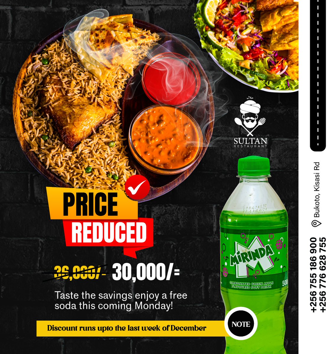 SultanRestaur2's tweet image. DISCOUNT MONDAYS AT SULTAN RESTAURANT 16% OFF ALL MEALS WITH A FREE SODA!
 📲 0755 186 900 . Come Savor The Taste Of Our Swahilli Cuisines 
Location: Bukoto, Kisasi Rd (Near Sebagala Stage)