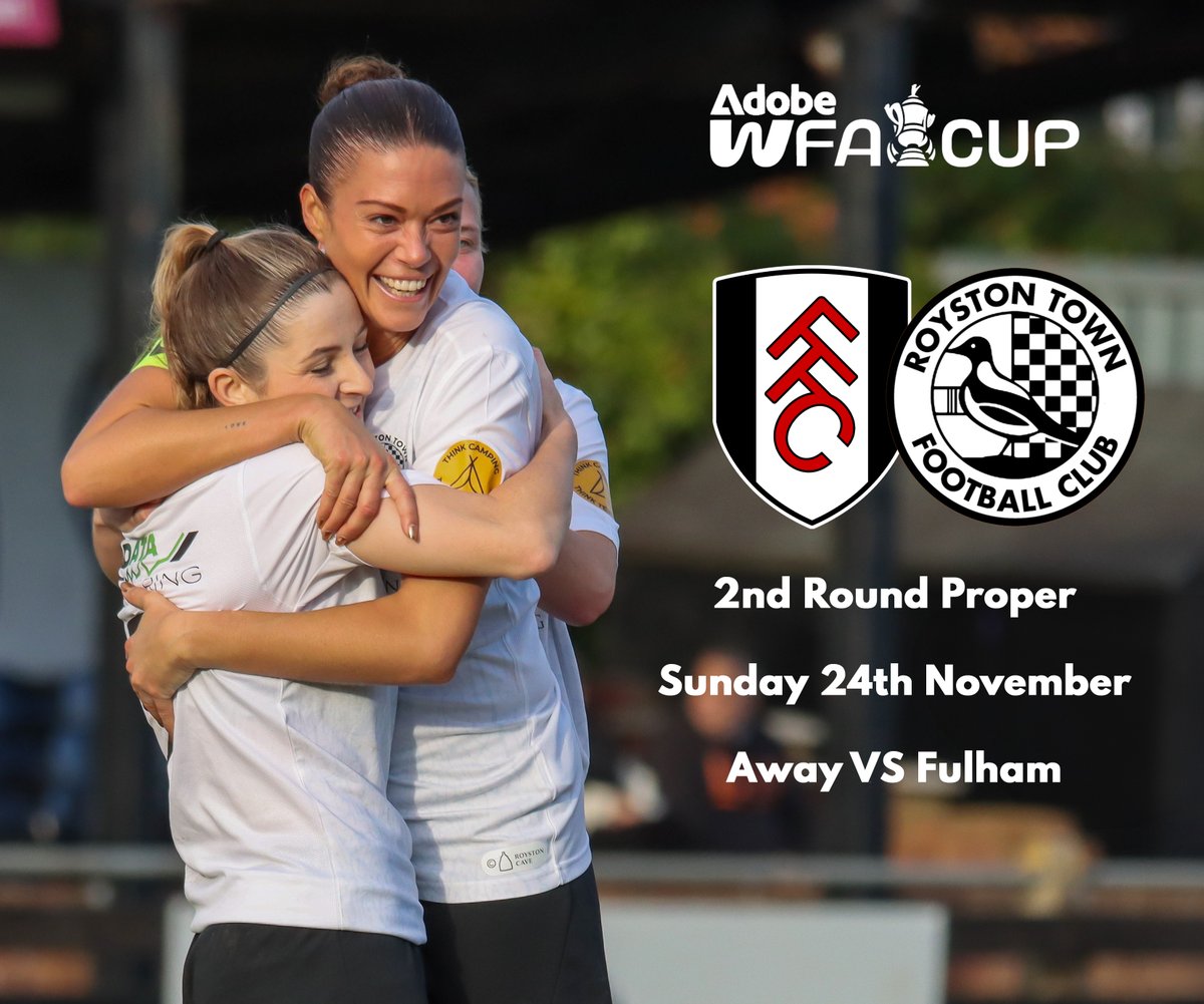 RoystonTownWFC's tweet image. 🎉🏆 FA Cup Second Round Draw! 🏆🎉

It’s official – we’re facing Fulham in the FA Cup Second Round! This is a huge moment for the club, and we couldn’t be more thrilled to take on such a formidable opponent! 💪⚽️

#COYC #crows #WomensFACup