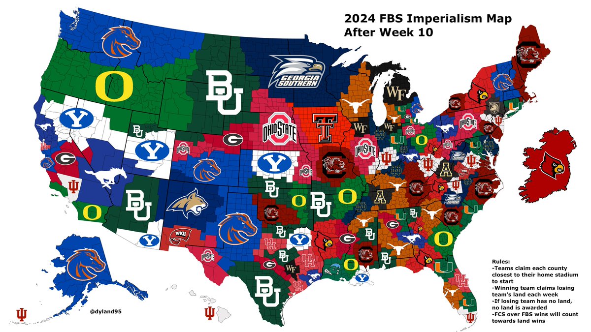 College Football Imperialism Map after Week 10! #CFBimperialism ⚔️

Rules: FBS teams divide USA by closest county. If you beat a team, you get its territory &amp; keep it all until you lose (all goes to the winner), but you can get back on the map by defeating others with land!
