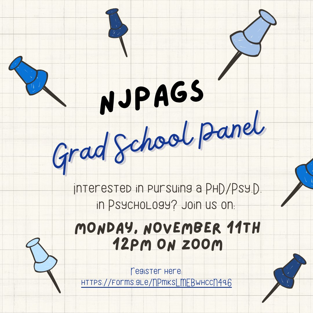 Interested in applying to a doctoral program in psychology? Attend our NJPAGS graduate school panel to demystify the application process! Follow this link to register: forms.gle/ahHL88yWuyNaGc…