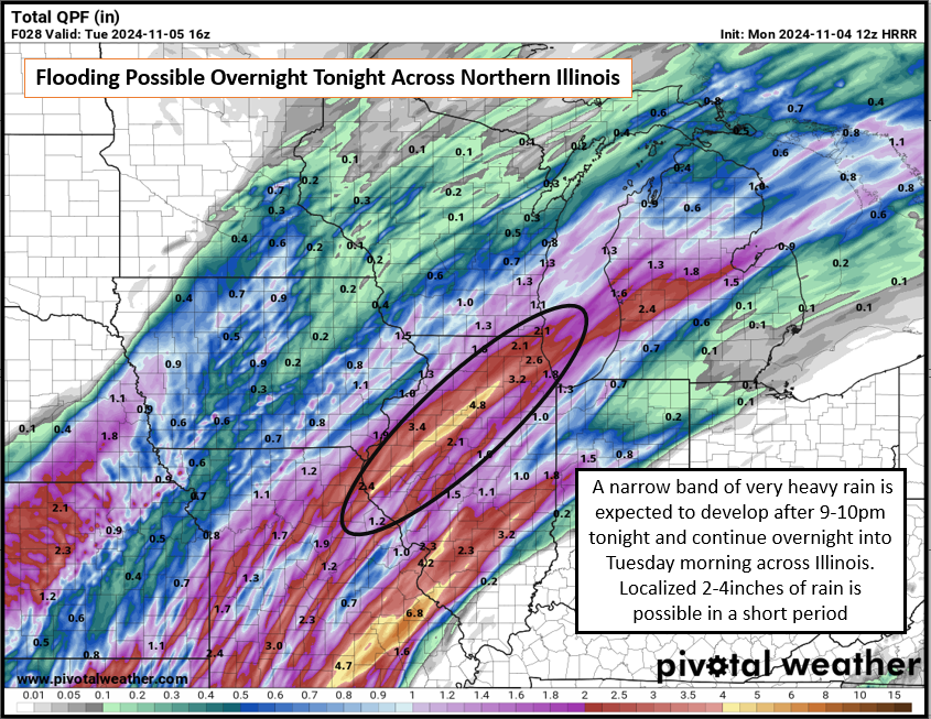 A narrow band of heavy rainfall associated with training t-storms is expected to develop late this evening and continue into Tuesday morning across Northern Illinois. Storms may produce small hail and gusty winds but localized very heavy rainfall is the main hazard. A narrow band