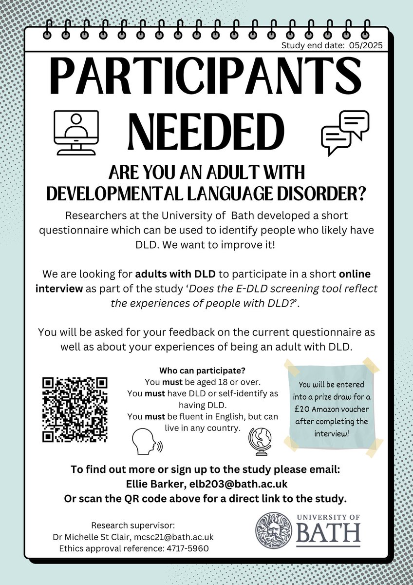 Call for participants! Study looking for adults with #DevLangDis to help us finalise and validate a short screening tool to identify undiangosed #DLD. Link to study here: redcap.bath.ac.uk/surveys/?s=EDP…