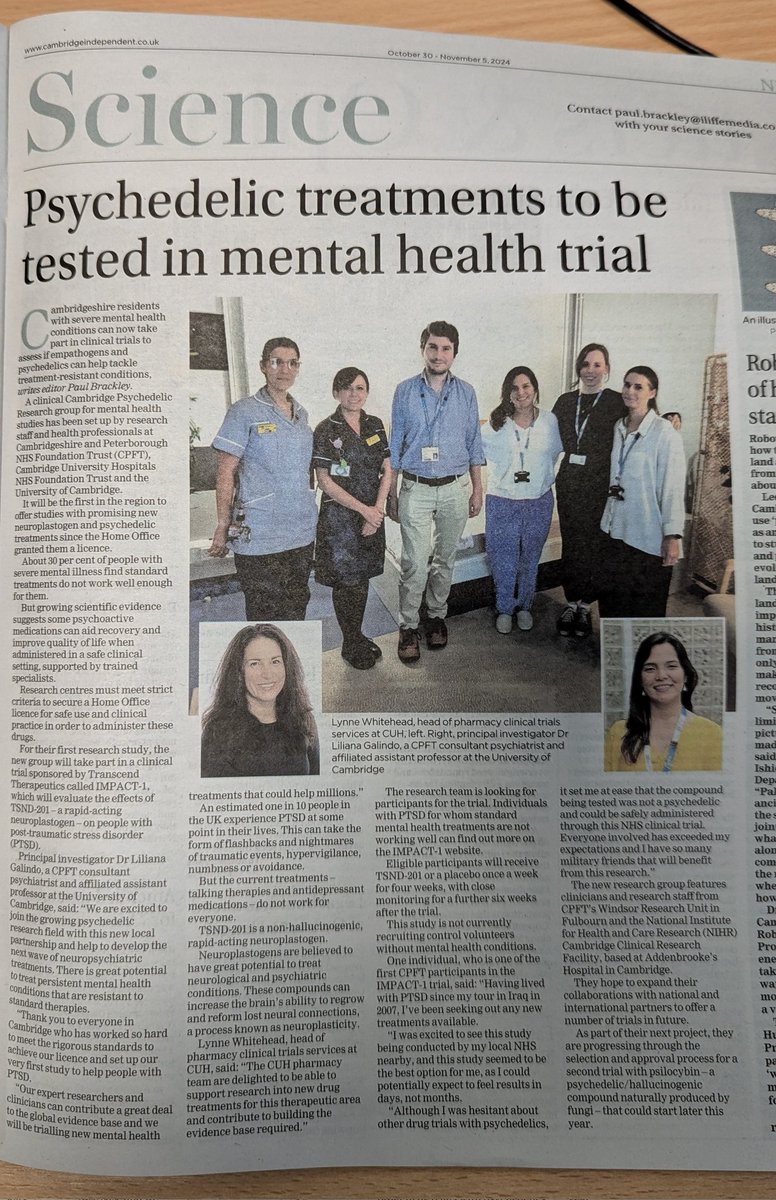 Great surprise this week at  <a href="/CambridgeIndy/">Cambridge Independent</a> newspaper cover🗞️ of Cambridge Psychedelic Research Group 💊 🍄
Local partnership between  <a href="/CPFT_Research/">Research at CPFT</a> <a href="/CUH_NHS/">Cambridge University Hospitals NHS</a> <a href="/psychiatry_ucam/">Cambridge Psychiatry</a> <a href="/CambridgeCRF/">NIHR Cambridge CRF</a> 
👉🏽 Clinical  Research &amp; Innovation to improve patient care and mental health outcomes