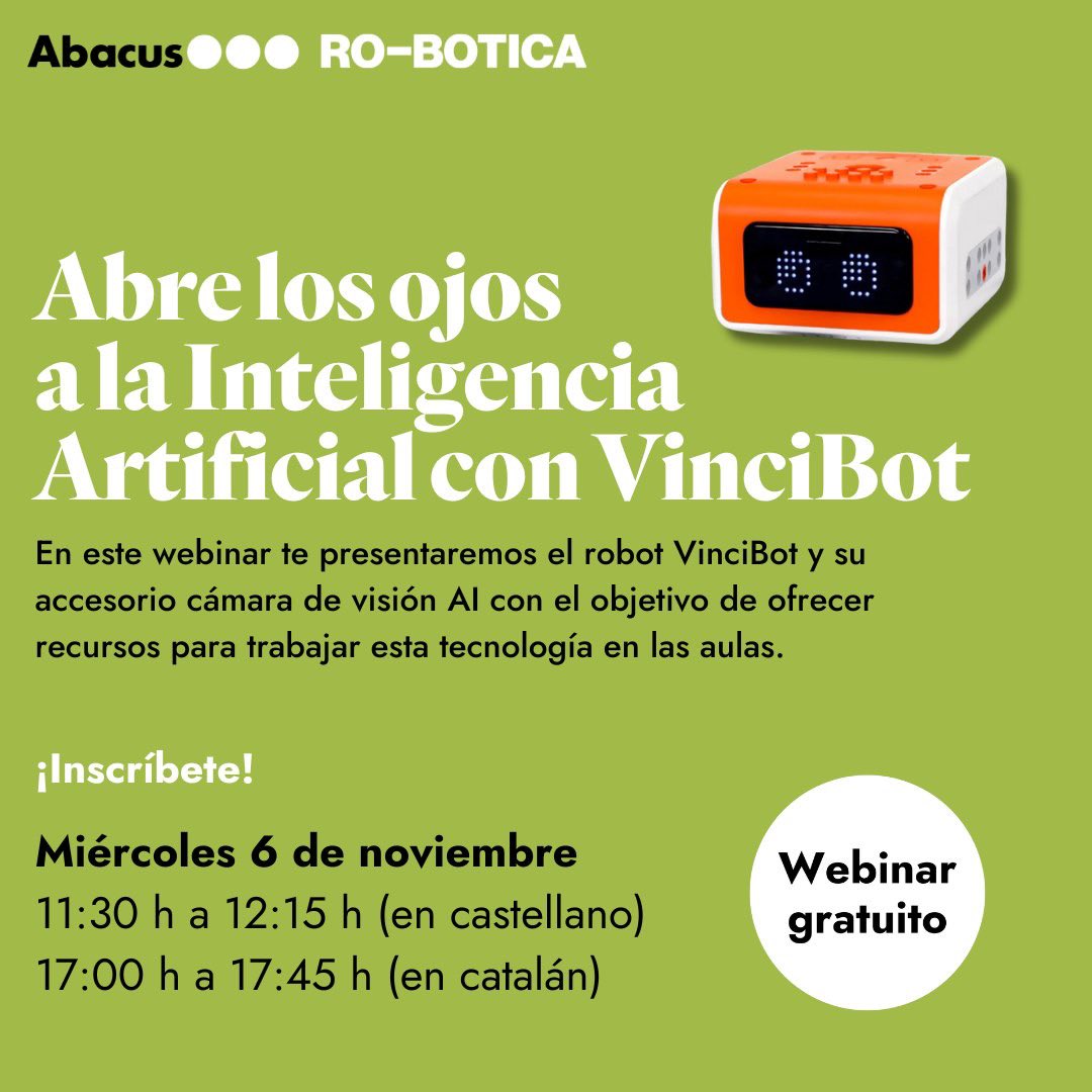 🟡 Webinar gratuito
 
Ponente: <a href="/Robotica_rocio/">Rocio</a>, especialista en producto de robótica. 

Para docentes desde tercer ciclo de EP hasta primero de Bachillerato y educadores interesados en la IA, la robótica y las herramientas educativas. 
 
🔗 form.jotform.com/24302548444135…