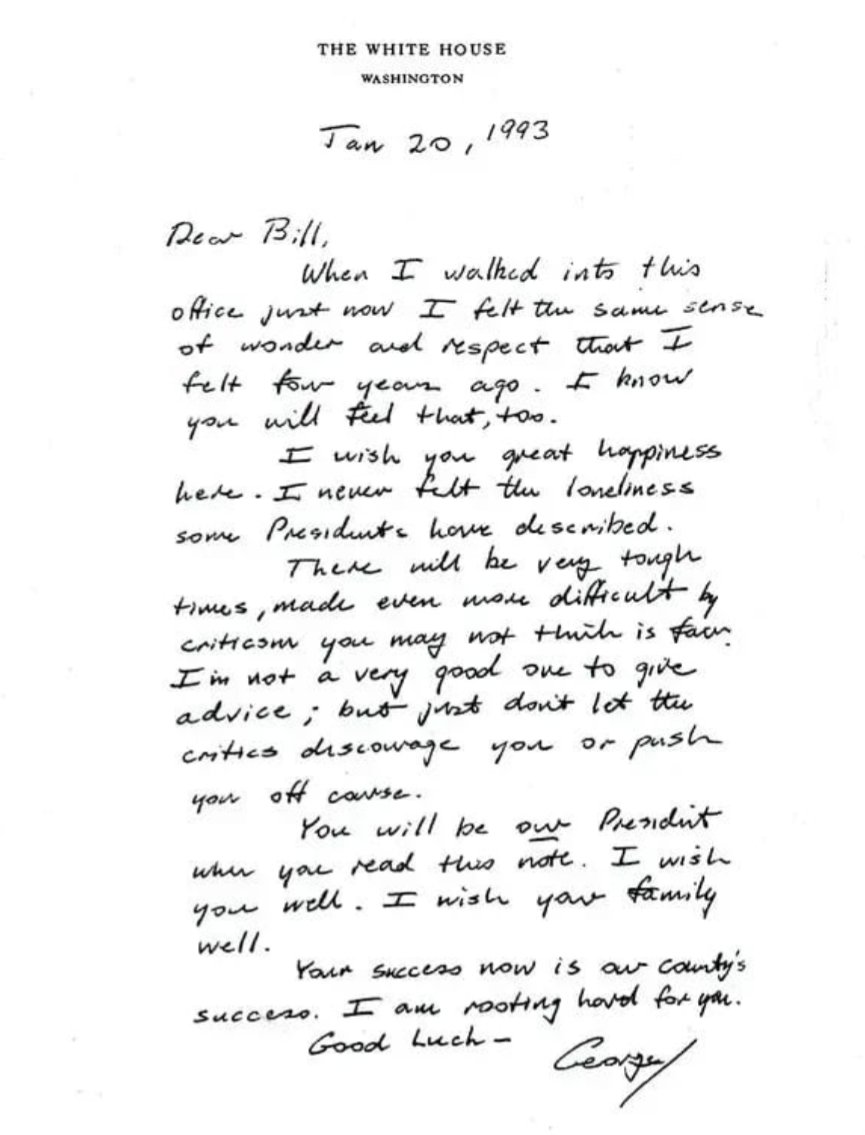 As we step into a new world order, it's v. important for us to remember a basic but difficult practice - even though people might disagree with you, they are not your enemy. 
Here's this in action - a letter President Bush Sr. wrote to President Clinton after losing to him: