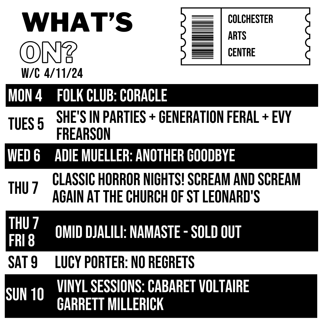 What's on this week... 👀
🎟 colchesterartscentre.com

#colchester #gigs #livemusic #comedy #whatson #events