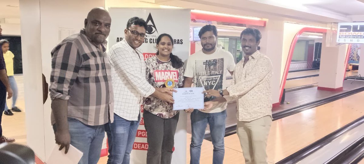 digital_inspire's tweet photo. 🎳 STRIKE-ing success at the Ad Club Bowling Tournament! 🏆 Ashok claimed the Men’s Singles title with pin-point precision, while Daliya &amp; Ashok rolled into Mixed Doubles Runner-Up! Huge thanks to all who made it. 
#agencylife #digitallyinspiredmedia #advertisingclubmadras https://t.co/5KFc7fBs4N