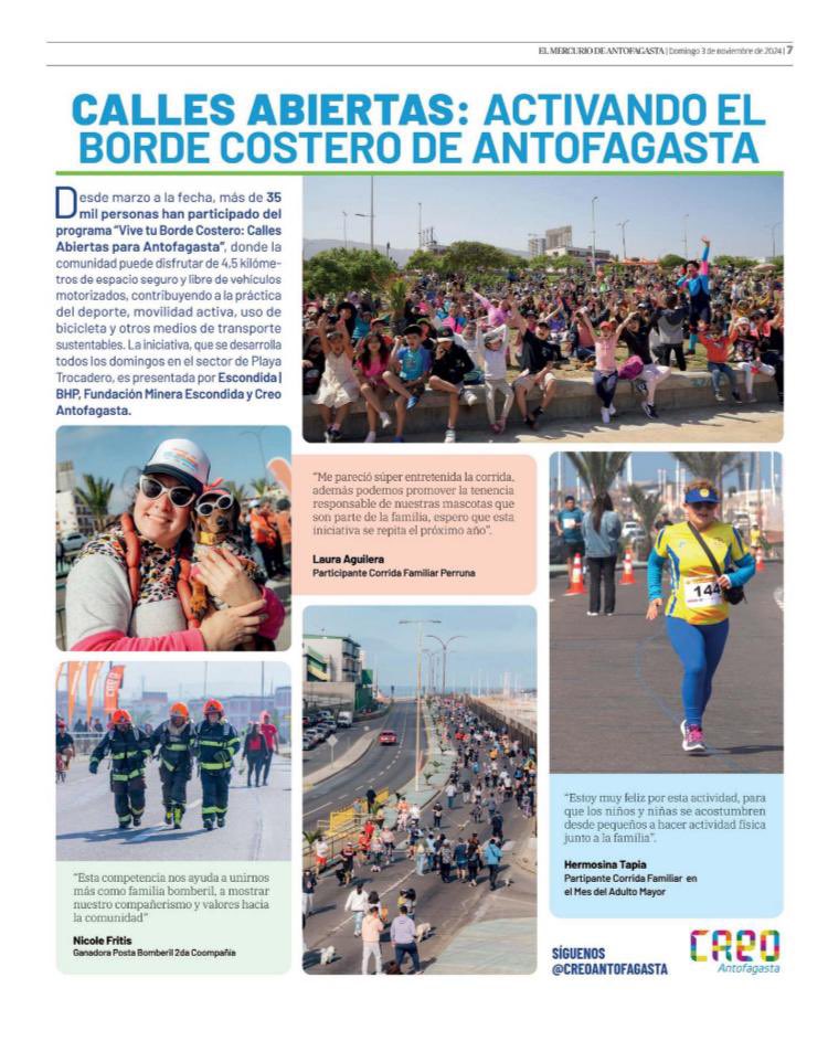 Más de 35 mil personas nos han acompañado durante este 2024 en las jornadas de Calles Abiertas para #Antofagasta 🧡

📍Esperamos que nos sigan acompañando todos los domingos entre 8 a 13 horas, desde playa Trocadero hasta la plaza Pablo Neruda.