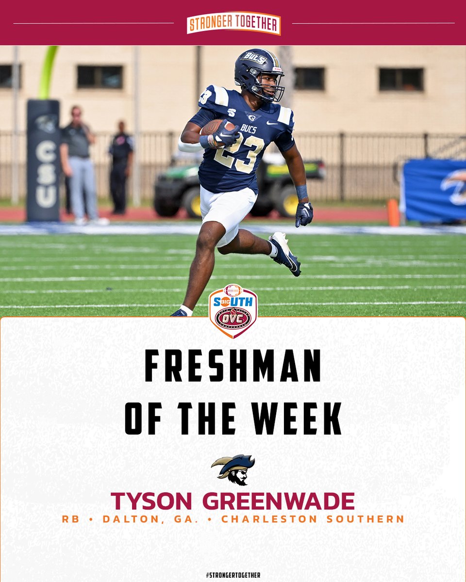 OVC-Big South Football Association (@bigsouthovcfb) on Twitter photo He accounted for 9⃣9⃣ all-purpose yards and a TD in the North-South BBQ Bowl.
<a href="/CSU_FB/">Charleston Southern Football</a>'s Tyson Greenwade (<a href="/greenwade_tyson/">Tyson Greenwade</a>) is the #BigSouthOVCFB Freshman of the Week! He accounted for 9⃣9⃣ all-purpose yards and a TD in the North-South BBQ Bowl.
<a href="/CSU_FB/">Charleston Southern Football</a>'s Tyson Greenwade (<a href="/greenwade_tyson/">Tyson Greenwade</a>) is the #BigSouthOVCFB Freshman of the Week!
