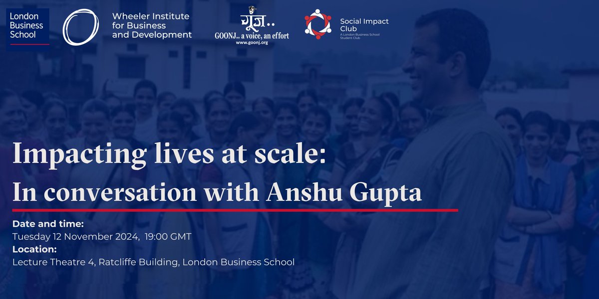 Wheeler_LBS's tweet photo. Join us at @LBS on 12th November for an inspiring discussion with Anshu Gupta @anshugoonj founder of @goonj. Discover how social impact & business strategy intersect through his work. Register here: https://t.co/lSaXRRJ8zI
#SocialImpact #Entrepreneurship #WheelerInstitute #Goonj https://t.co/EBDttxaeEJ
